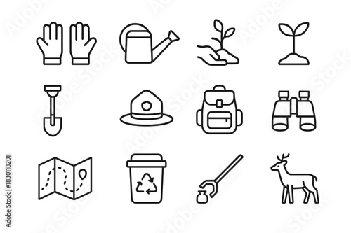 Eco Ranger Icons. Eco Rangers. Line icon set of Eco Rangers: gloves, watering can, tree planting, sapling, shovel, ranger hat, backpack, binoculars, map,