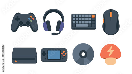 Gaming equipment collection, headphones, consoles and gamepad, flat vector illustration