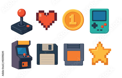 Retro pixel art collection, gaming gadgets and icons, flat vector illustration
