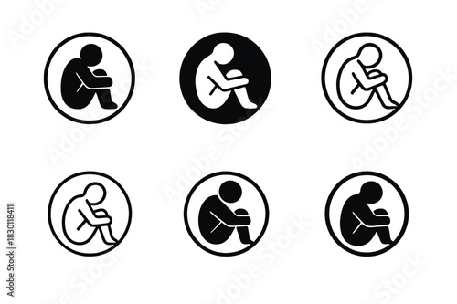 Emotional Isolation Icons. Emotional Pain. Icon set. Set Logo of Emotional Pain: figure sitting in circle of isolation. harmonious logo variations of the same