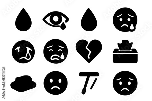 Emotional Icon Set. Emotional Tears. Solid icon set of teardrop, crying eye, water droplet, sad face, eye with tear, sobbing face, broken heart, tissue box,