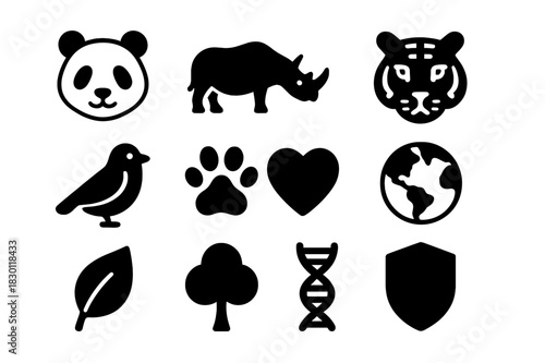 Endangered Species Icons. Endangered species. Solid icon set of endangered species: panda, rhino, sea turtle, tiger, bird, paw, heart, globe, leaf, tree, DNA