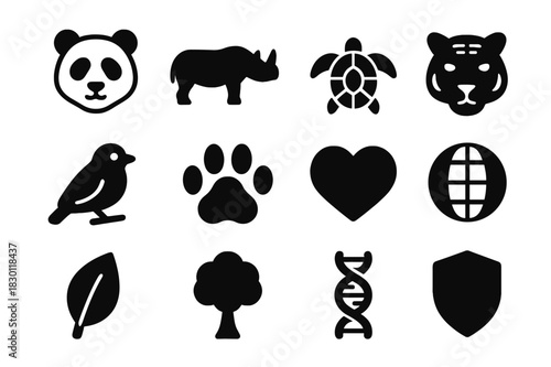 Endangered Species Icons. Endangered species. Solid icon set of endangered species: panda, rhino, sea turtle, tiger, bird, paw, heart, globe, leaf, tree, DNA
