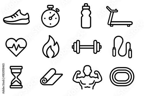 Endurance Training Icons. Endurance training. Line icon set of endurance training: running shoe, stopwatch, water bottle, treadmill, heart rate, flame,
