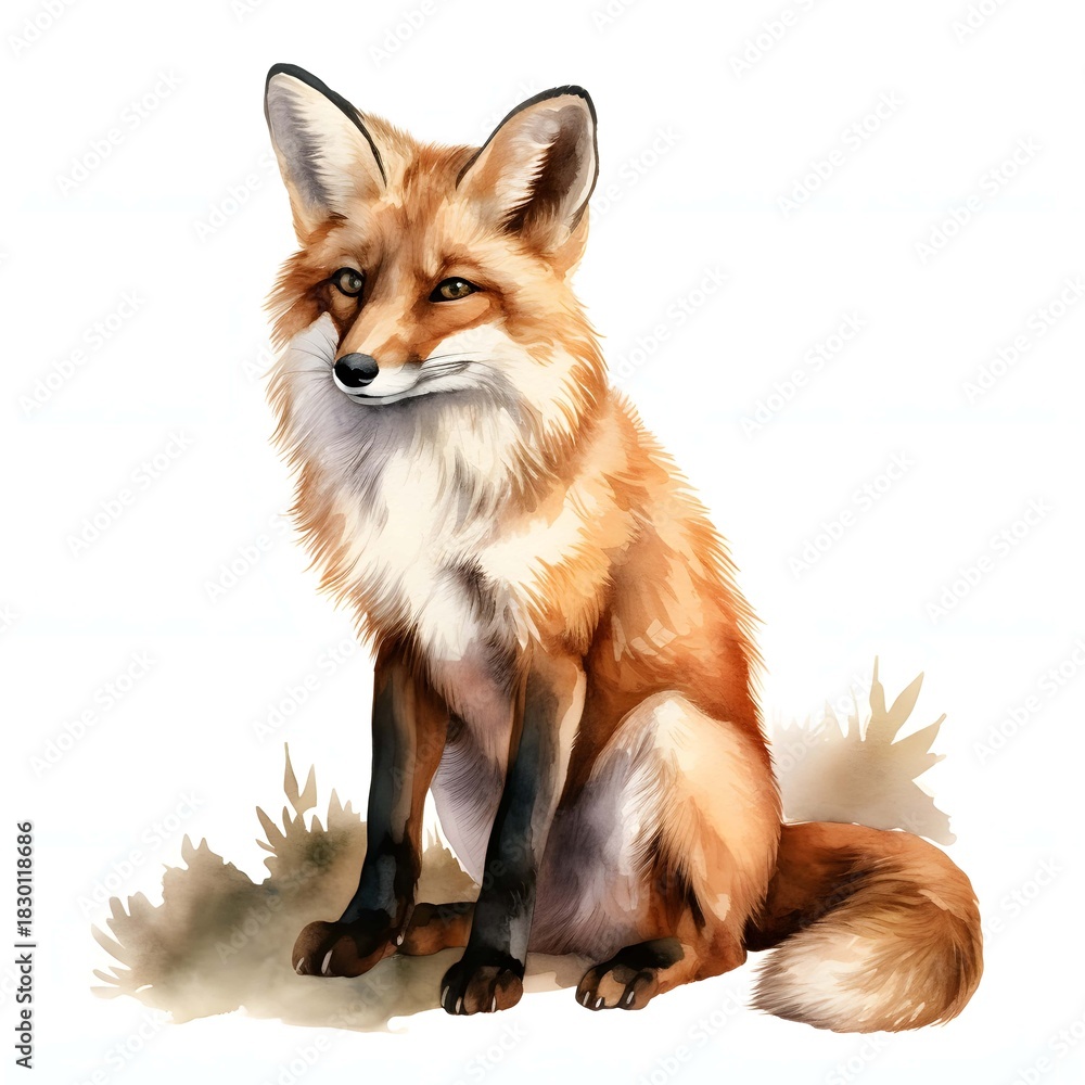 Obraz premium Watercolor portrait of a red fox with a fluffy tail sitting down on foliage