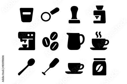Espresso Icon Set. Espresso experience. Solid icon set of espresso experience: shot glass, portafilter, tamper, grinder, espresso machine, coffee beans,