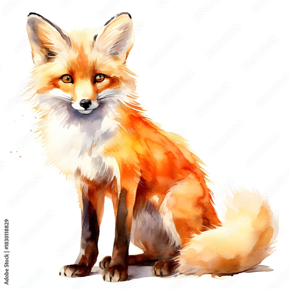 Obraz premium Adorable red fox sitting calmly in a watercolor painting style on a white background