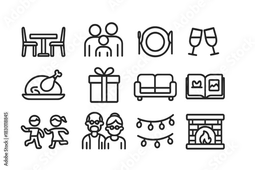 Family Gathering Icons. Family Gathering. Line icon set of Family Gathering: dining table, family group, dinner plate, clinking glasses, roast turkey, gift