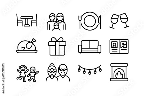 Family Gathering Icons. Family Gathering. Line icon set of Family Gathering: dining table, family group, dinner plate, clinking glasses, roast turkey, gift