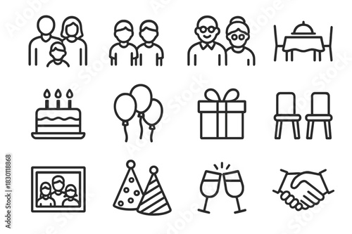 Family Icons Set. Family Gathering Icons. Line icon set of Family Gathering Icons: parents, children, grandparents, dining table, cake, balloons, gift box,