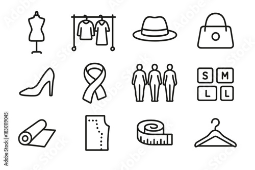 Fashion Line Art Icons. Fashion diversity. Line icon set of fashion diversity: mannequin, clothing rack, hat, handbag, shoe, scarf, body silhouettes, size