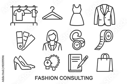 Fashion Consulting Icons. Fashion consulting. Line icon set of fashion consulting: clothing rack, hanger, dress, suit, color palette, stylist, tape measure,