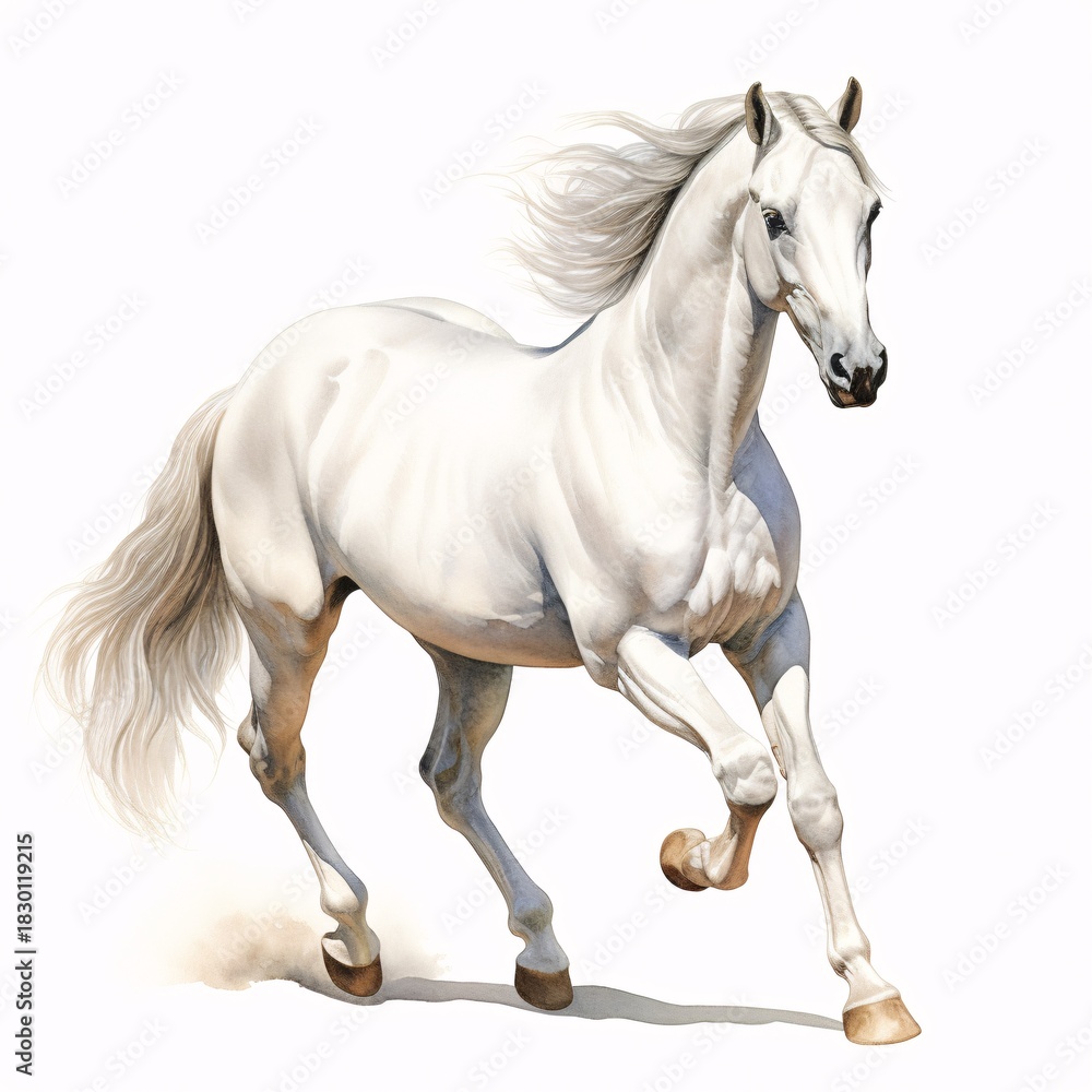 Obraz premium Elegant white horse running isolated against a white background in a watercolor style