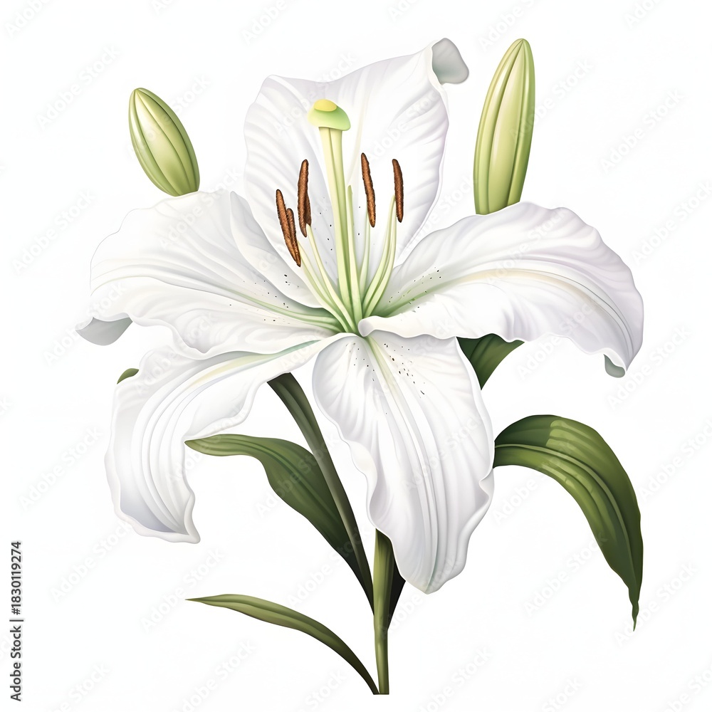 Obraz premium Elegant white lily blossom with delicate details isolated on a white background