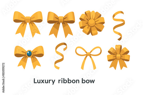 Luxury ribbon bow set, gift, celebration designs, flat vector illustration