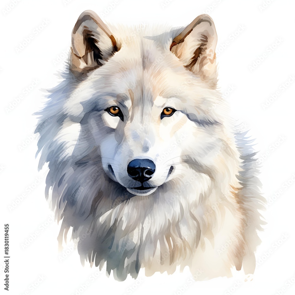 Naklejka premium Watercolor painting of a majestic arctic wolf with golden eyes