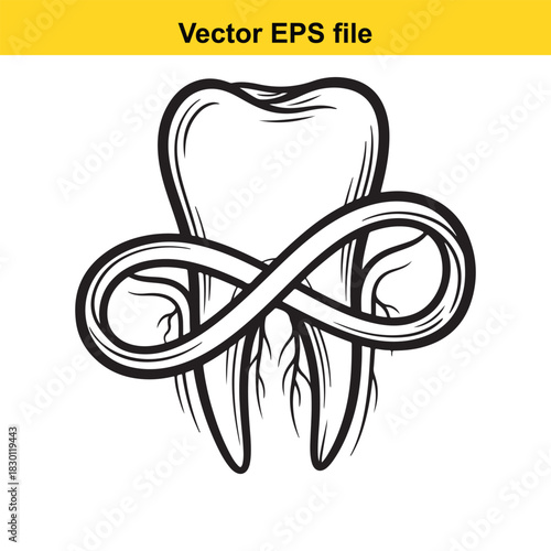 Black and white vector illustration of a human molar tooth with an infinity symbol wrapped around its roots, isolated on white background