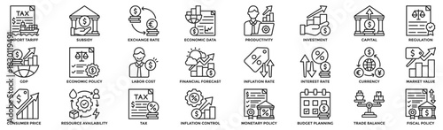 Economic factors icon collection set. Containing GDP, inflation rate, tax, investment, regulation, import tariff, financial forecast, fiscal policy icon. Line style vector illustration.