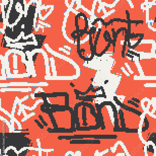 Vector Seamless pixel graffiti pattern with abstract tags, dithered texture. Urban, grunge, playful pixel art style perfect for backgrounds, textiles