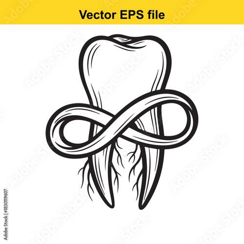 Black and white line art vector illustration of a human molar tooth with an infinity symbol wrapped around its roots, isolated on white background