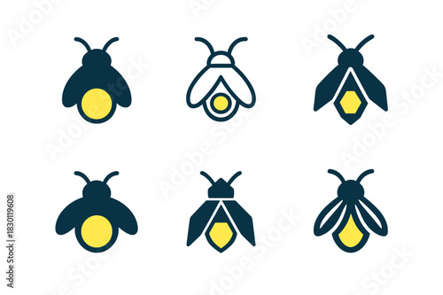 Firefly Logo Variations. Night. Icon set. Set Logo of Night: Firefly. harmonious logo variations of the same emblematic concept (Filled silhouette, Minimal