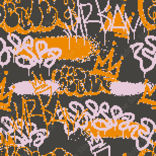 Vector Seamless pixel graffiti pattern with abstract tags, dithered texture. Urban, grunge, playful pixel art style perfect for backgrounds, textiles