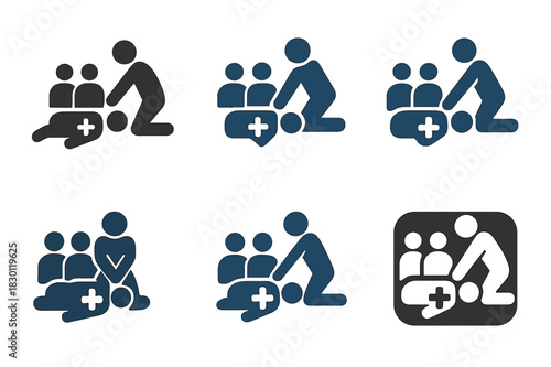 First Aid Icons Set. First aid training courses. Icon set. Set Logo of first aid: group training silhouette. harmonious logo variations of the same emblematic