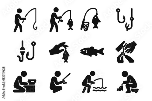 Fishing Icon Set. Fishing activity. Solid icon set of Fishing activity: casting rod, reeling fish, landing net, catching fish, baiting hook, unhooking fish,