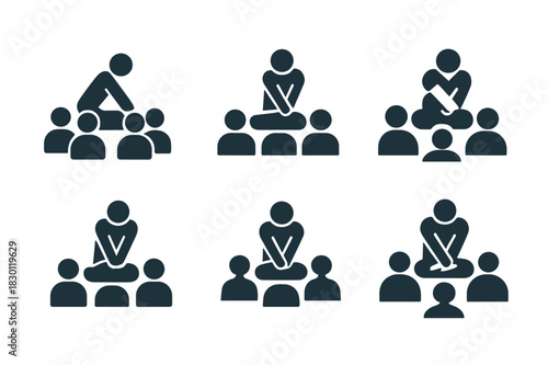 First Aid Icons Set. First aid training courses. Icon set. Set Logo of first aid: group training silhouette. harmonious logo variations of the same emblematic