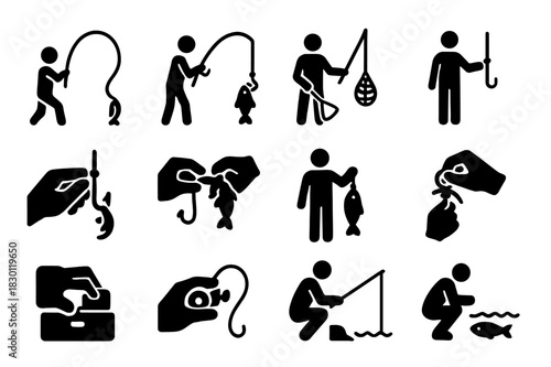 Fishing Icon Set. Fishing activity. Solid icon set of Fishing activity: casting rod, reeling fish, landing net, catching fish, baiting hook, unhooking fish,