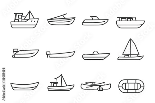 Fishing Boat Icons. Fishing boats. Line icon set of fishing boats: trawler boat, rowboat, motorboat, catamaran, dinghy, skiff, open hull, sailboat, drift boat,