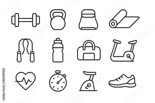 Fitness Icon Set. Fitness Essentials. Line icon set of Fitness Essentials: dumbbell, kettlebell, resistance band, yoga mat, jump rope, water bottle, gym bag,