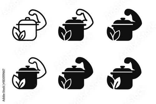 Fitness Cooking Icons. Cooking for fitness goals and muscle building. Icon set. Set Logo of healthy ingredients. harmonious logo variations of the same