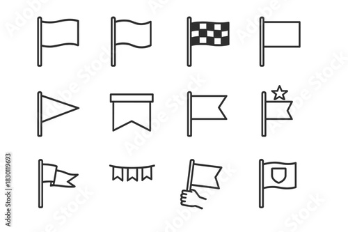 Flag Icon Set. Flag icons. Line icon set of flag icons: waving flag, fluttering flag, checkered flag, flag on pole, triangular pennant, rectangular banner,
