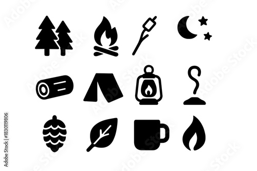 Forest Campfire Icons. Forest Campfire. Solid icon set of Forest Campfire: trees, campfire, marshmallow stick, smoke, log, night sky, lantern, tent, pinecone,