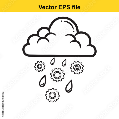 Outline icon of a cloud raining gears and teardrop shapes, representing mechanical failure or industrial weather, isolated on white background
