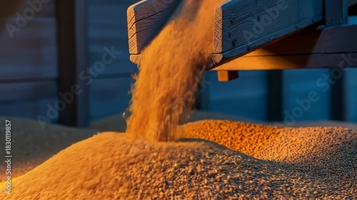 Industrial Grain Loading Process Warm Golden Light Illuminating a Pile of Yellow Pellets Pouring from an Overhead Conveyor Belt into a Storage Area with a Dark Blue Background and Wooden Structure