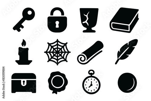 Forgotten Objects Icons. Forgotten Objects. Solid icon set of Forgotten Objects: rusty key, old lock, cracked glass, dusty book, candle stub, cobweb, scroll,
