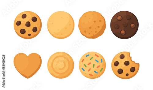Cookie variety set, chocolate, sprinkles, flat vector illustration