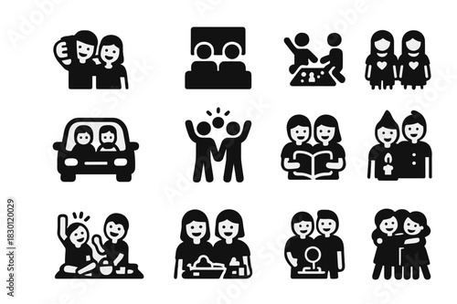 Friendship Icons Collection. Friendship moments. Solid icon set of Friendship moments: shared selfie, movie night, board game, road trip, concert, sunset
