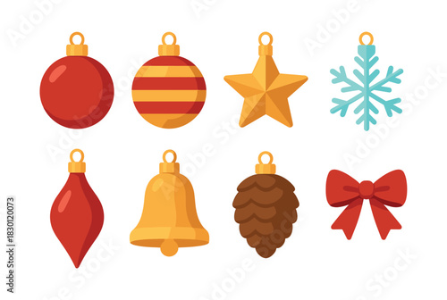 Christmas ornament set, flat vector illustration of stars, bells, pine cones