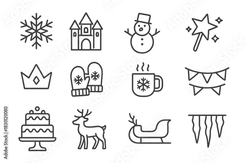 Frozen Icon Collection. Frozen-Themed Party for Kids and Families. Line icon set of Frozen-Themed Party for Kids and Families: snowflake, ice castle, snowman,