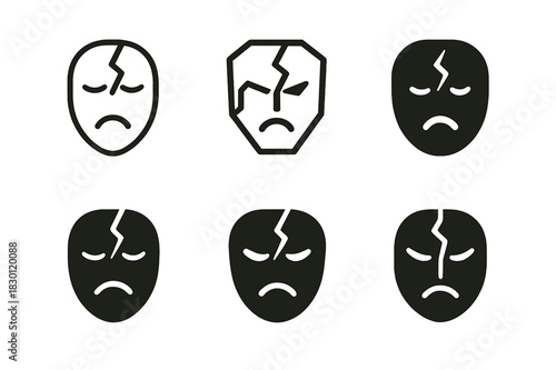 Frustration Logo Variations. Frustration. Icon set. Set Logo of frustration: cracked mask. harmonious logo variations of the same emblematic concept, each with