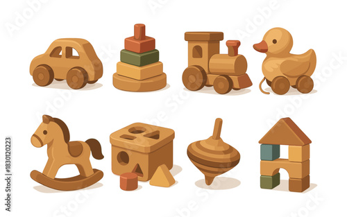 Wooden toys collection, car, train, duck, flat vector illustration