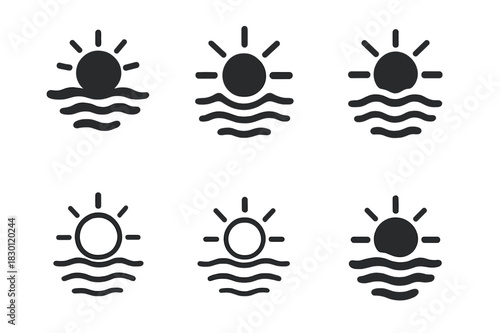 Glimmering Water Icons. Glimmering water. Icon set. Set Logo of glimmering water: sun reflecting on water. harmonious logo variations of the same emblematic