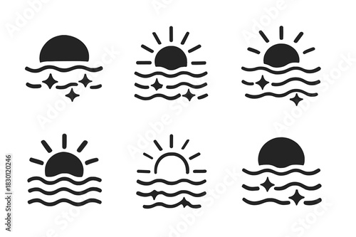 Glimmering Water Icons. Glimmering water. Icon set. Set Logo of glimmering water: sun reflecting on water. harmonious logo variations of the same emblematic