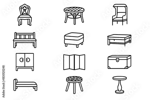 Global Furniture Icons. Global furniture motifs. Line icon set of global furniture motifs: carved chair, bamboo stool, rattan table, wooden bench, low ottoman,