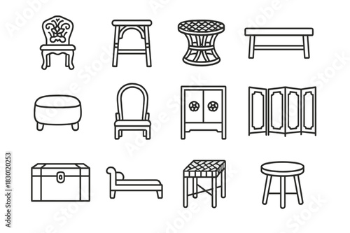 Global Furniture Icons. Global furniture motifs. Line icon set of global furniture motifs: carved chair, bamboo stool, rattan table, wooden bench, low ottoman,