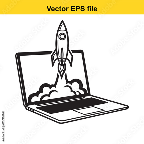 Vector illustration of a rocket launching from a laptop screen symbolizing fast startup, business growth, technology launch, or rapid project development isolated on white background