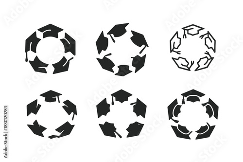 Graduation Cap Icons. Graduation cap toss. Icon set. Set Logo of graduation cap toss: caps forming circle in the air. harmonious logo variations of the same